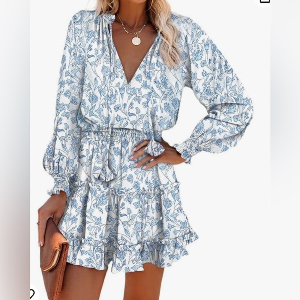 Women’s Floral Print Blue and White Split V Neck Ruffle Dress, XL